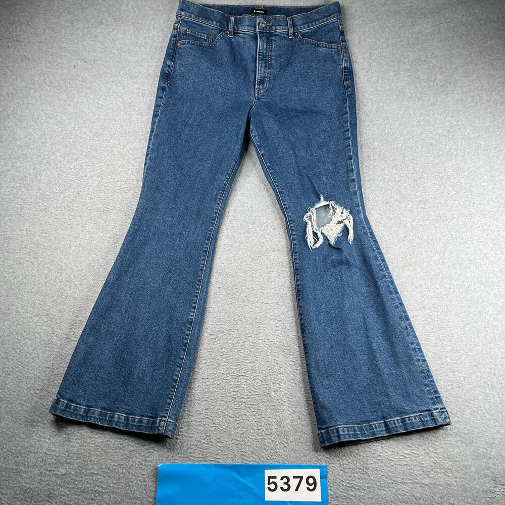 Express Denim Jeans Flare High Rise Womens Distressed Size 12 Petite